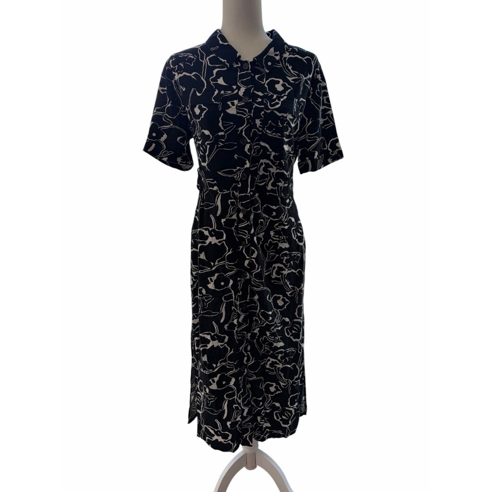 MELLODAY Black & White Floral Abstract Print Midi Shirt Rayon-Linen Blend Dress - Picture 3 of 11